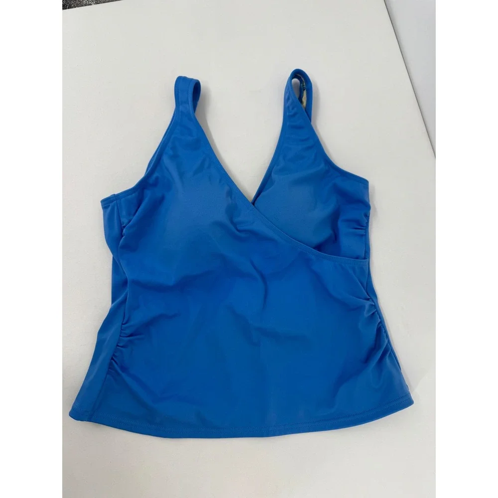 Lands' End Sz 10 Womens Blue Ruched Wrap Front Tankini Swimsuit Top V-Neck